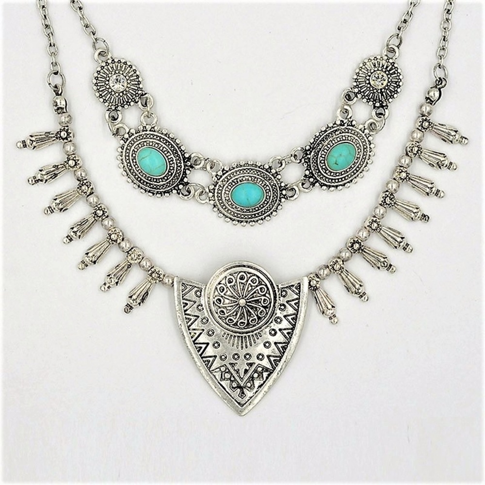 N9 | Boho Multi Layer Silver Pendant Necklace - Picture 2 of 4